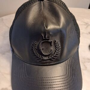 New Era Black Leather Cap with Embroidered Crest